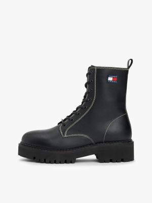 black leather lace-up cleat mid boots for women tommy jeans