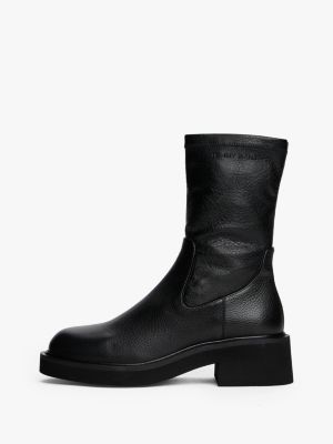 black leather debossed logo mid boots for women tommy jeans
