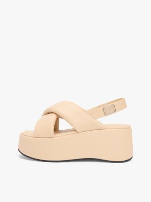 beige leren sandaal met sleehak en bandjes voor dames - tommy jeans