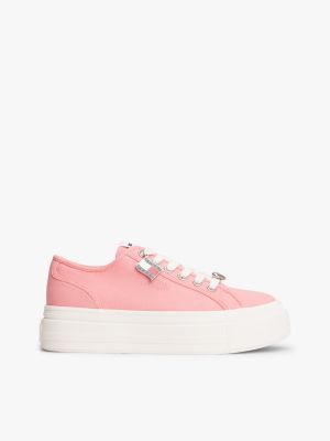 pink canvas-sneaker mit plateausohle und anhängern für damen - tommy jeans