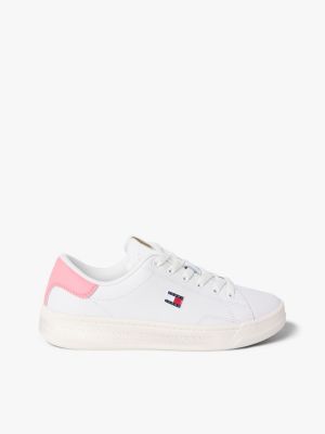 pink cupsole-ledersneaker mit tiefgeprägtem logo für damen - tommy jeans