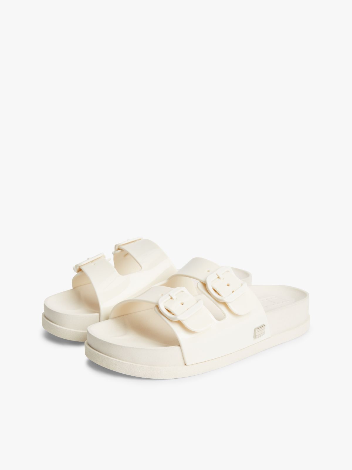 Double Buckle Strap Jelly Slides — Beige