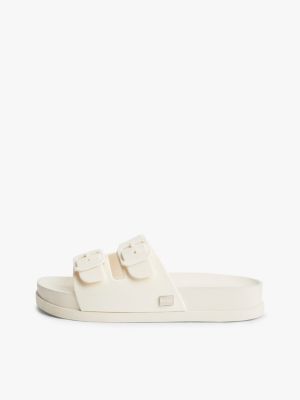 beige double buckle strap jelly slides for women tommy jeans