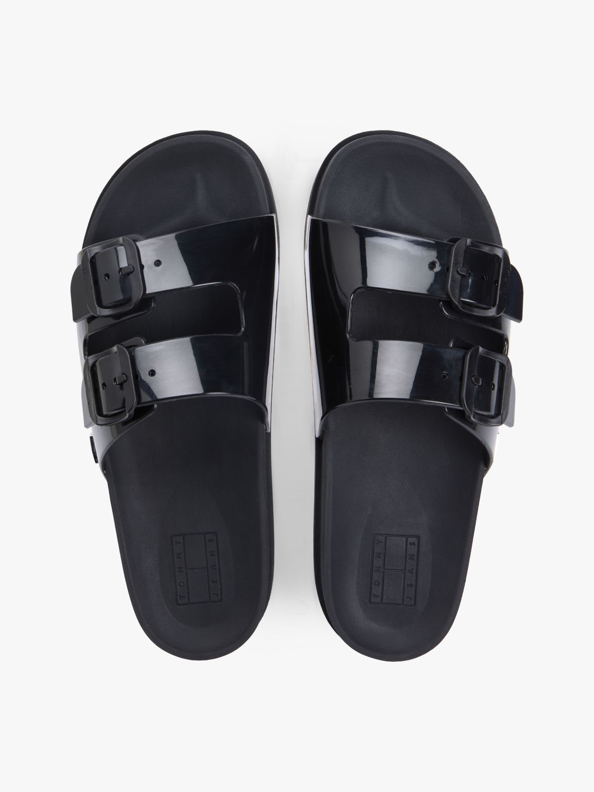 Double Buckle Strap Jelly Slides — Black