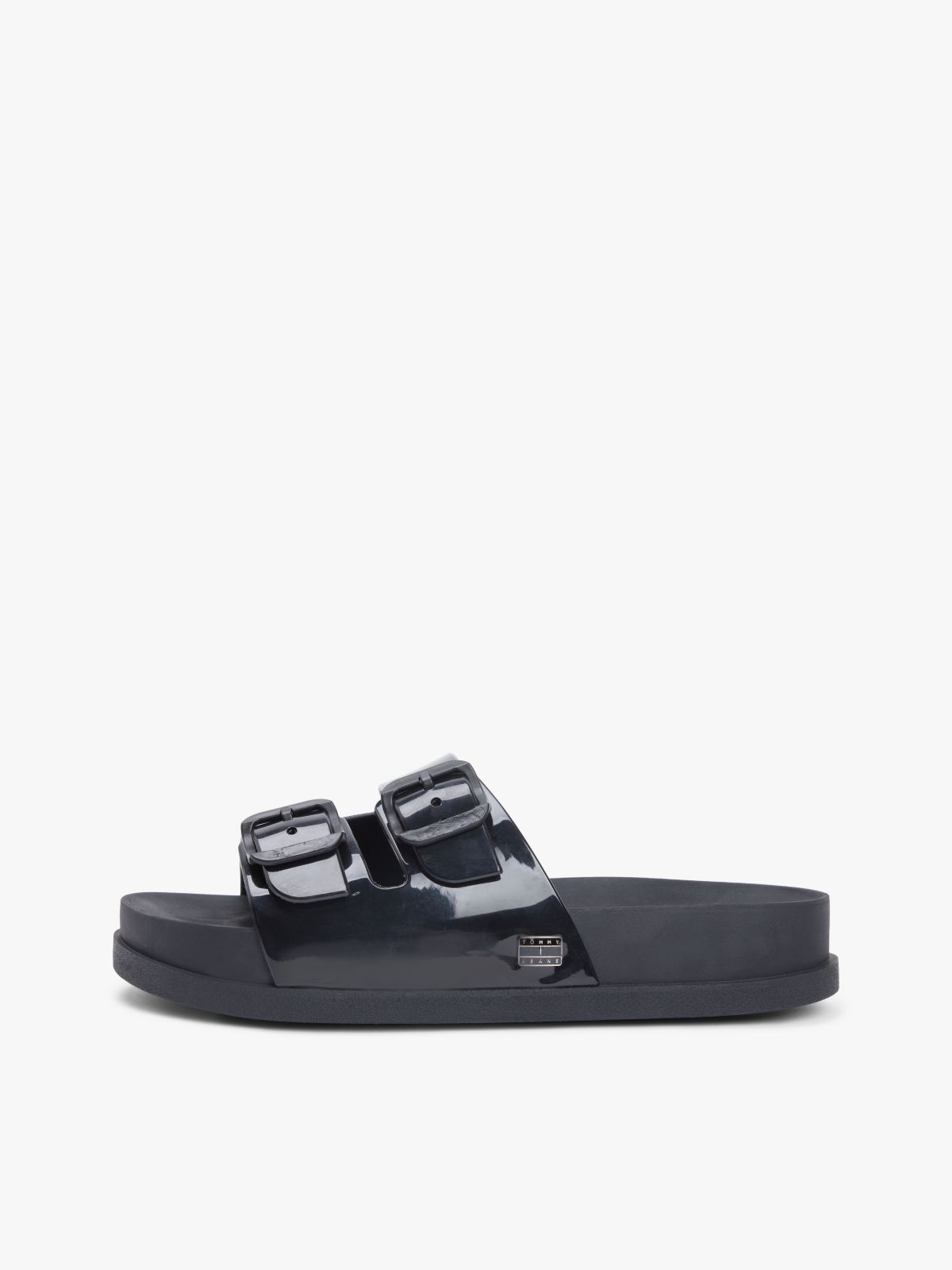 Double Buckle Strap Jelly Slides — Black