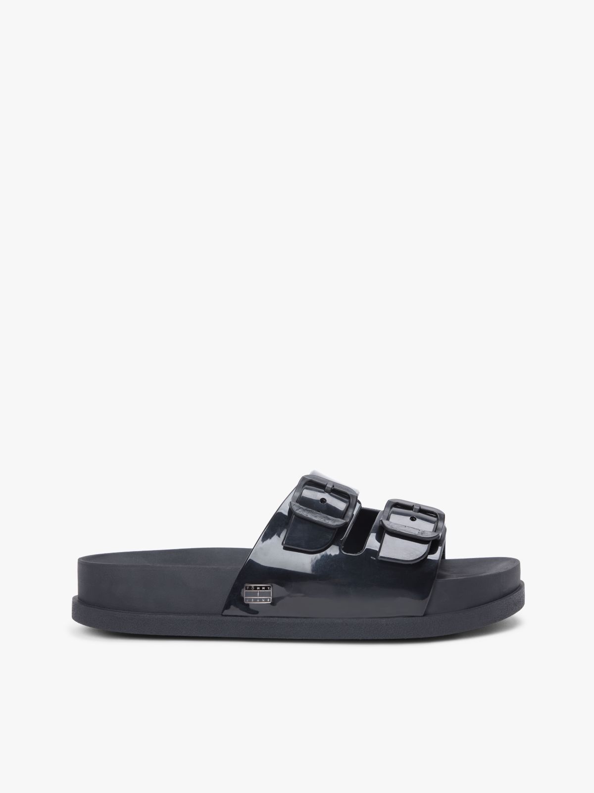 Double Buckle Strap Jelly Slides — Black
