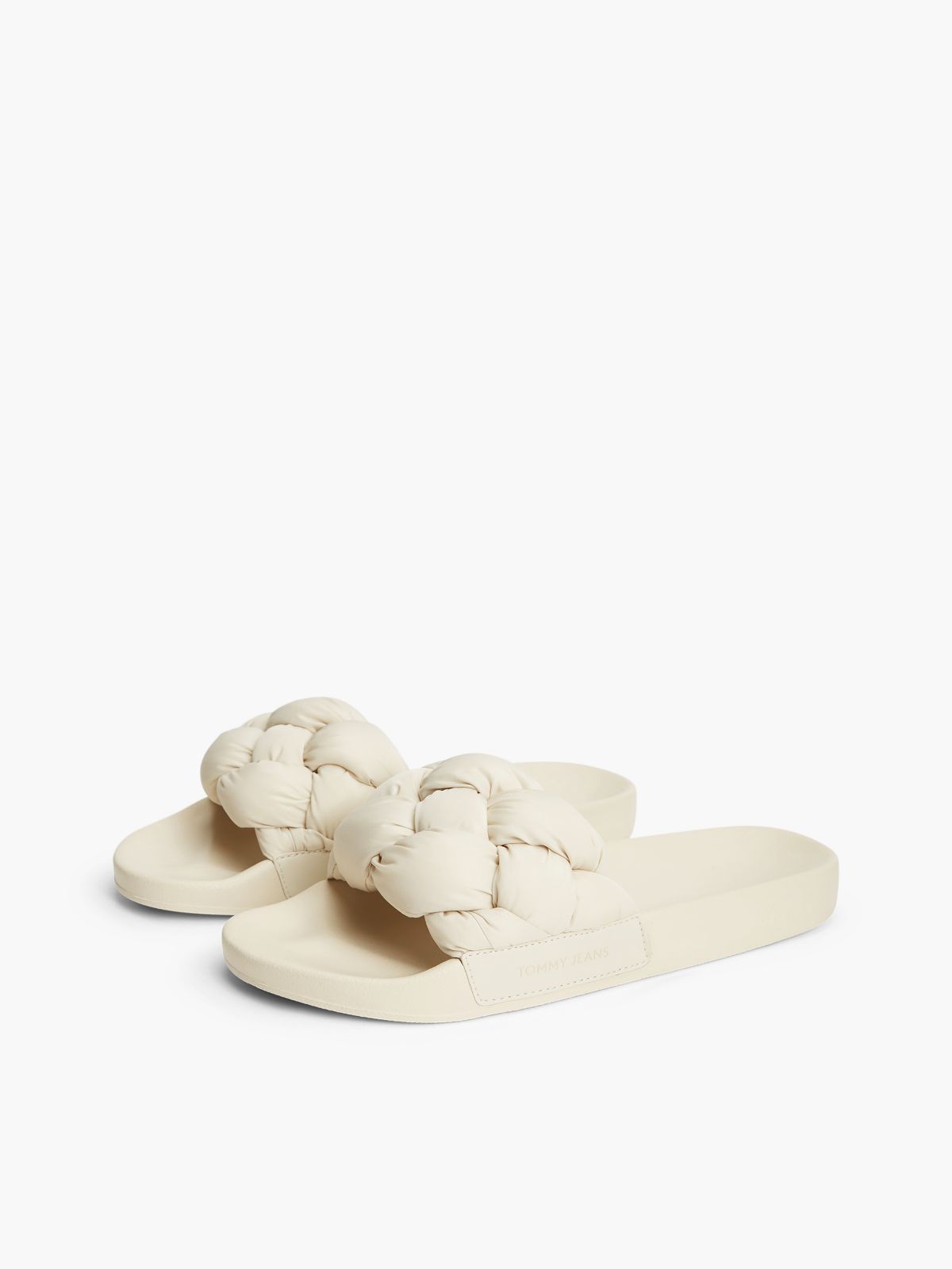 Embossed Braided Strap Slides — Beige