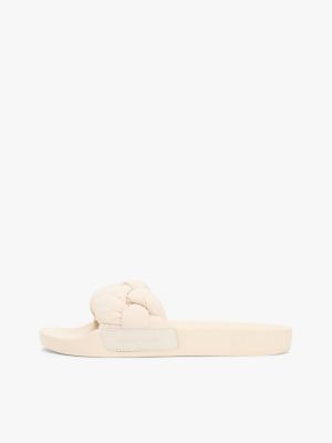 beige braided padded strap slides for women tommy jeans