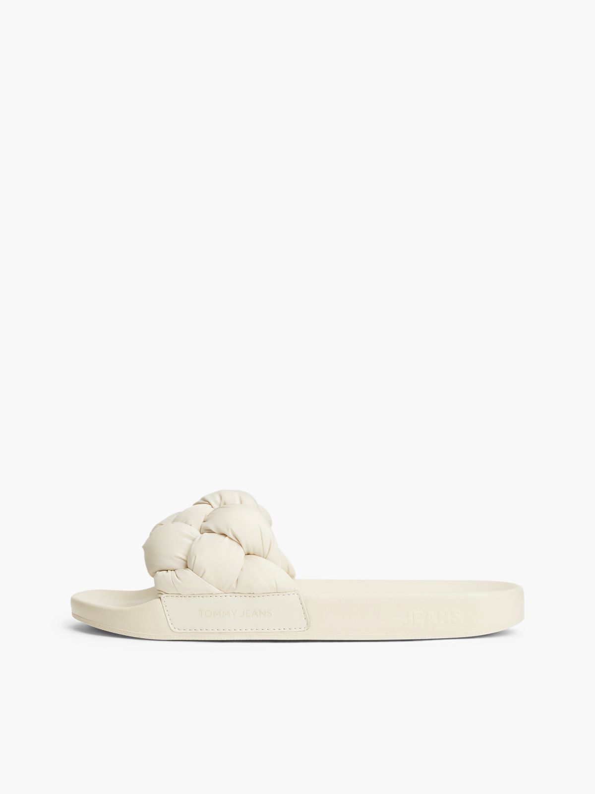 Embossed Braided Strap Slides — Beige