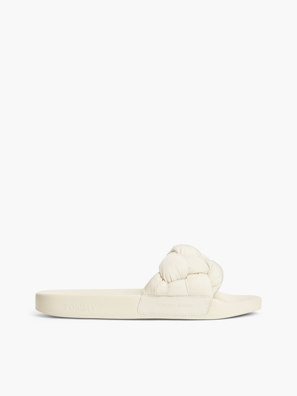 Embossed Braided Strap Slides — Beige