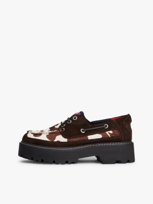 brown archive suede cleat cow print boat shoes for women tommy jeans