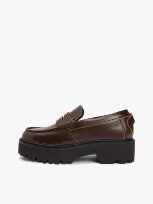brown archive leather chunky cleat loafers for women tommy jeans