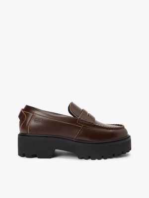 brown archive leather chunky cleat loafers for women tommy jeans