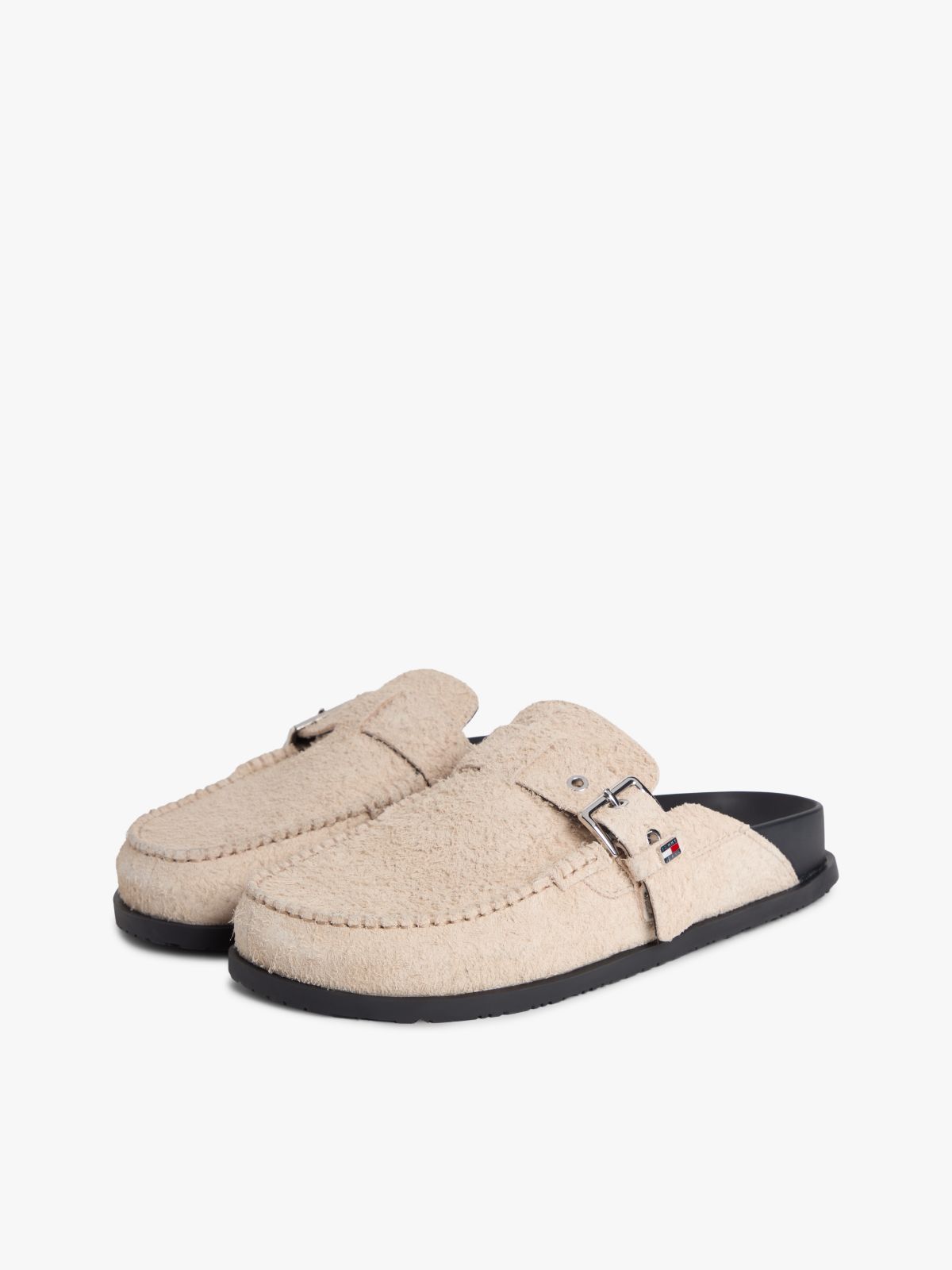 Textured Suede Buckle Mules — Beige