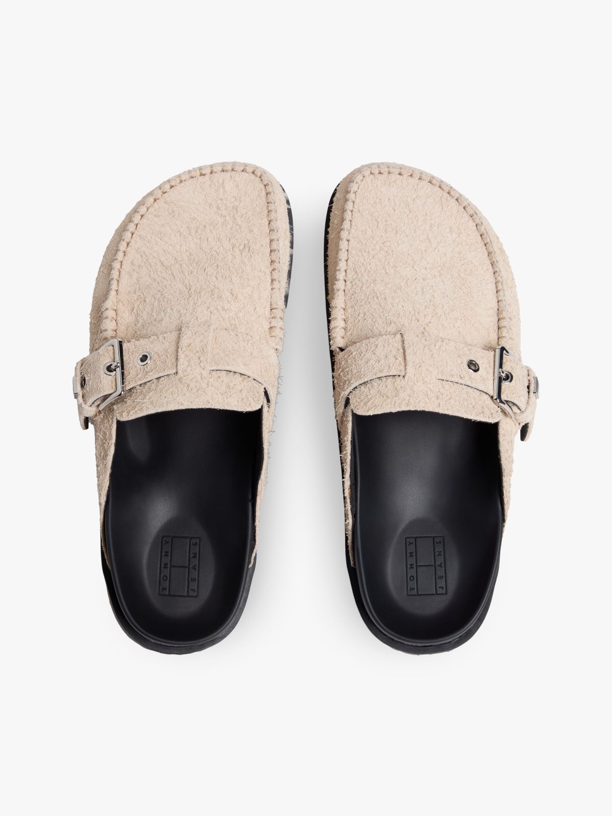 Textured Suede Buckle Mules — Beige