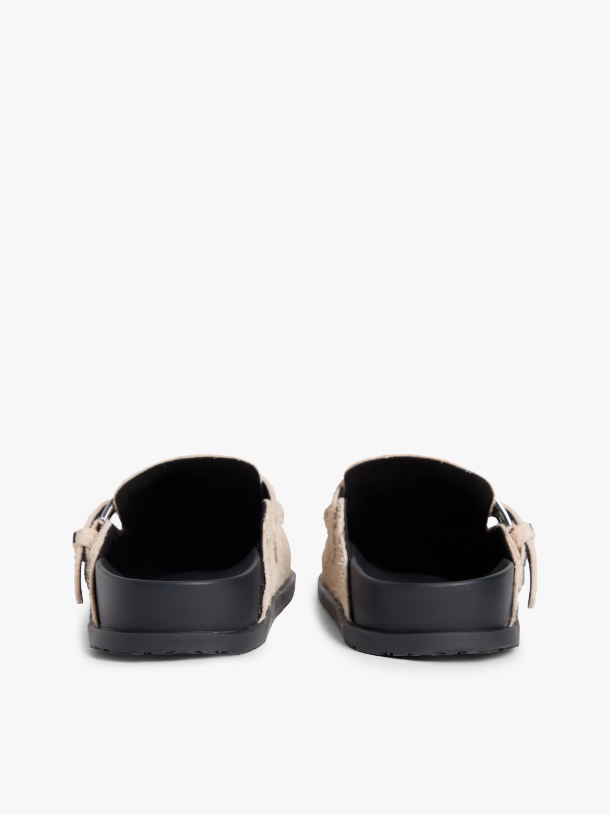Textured Suede Buckle Mules — Beige