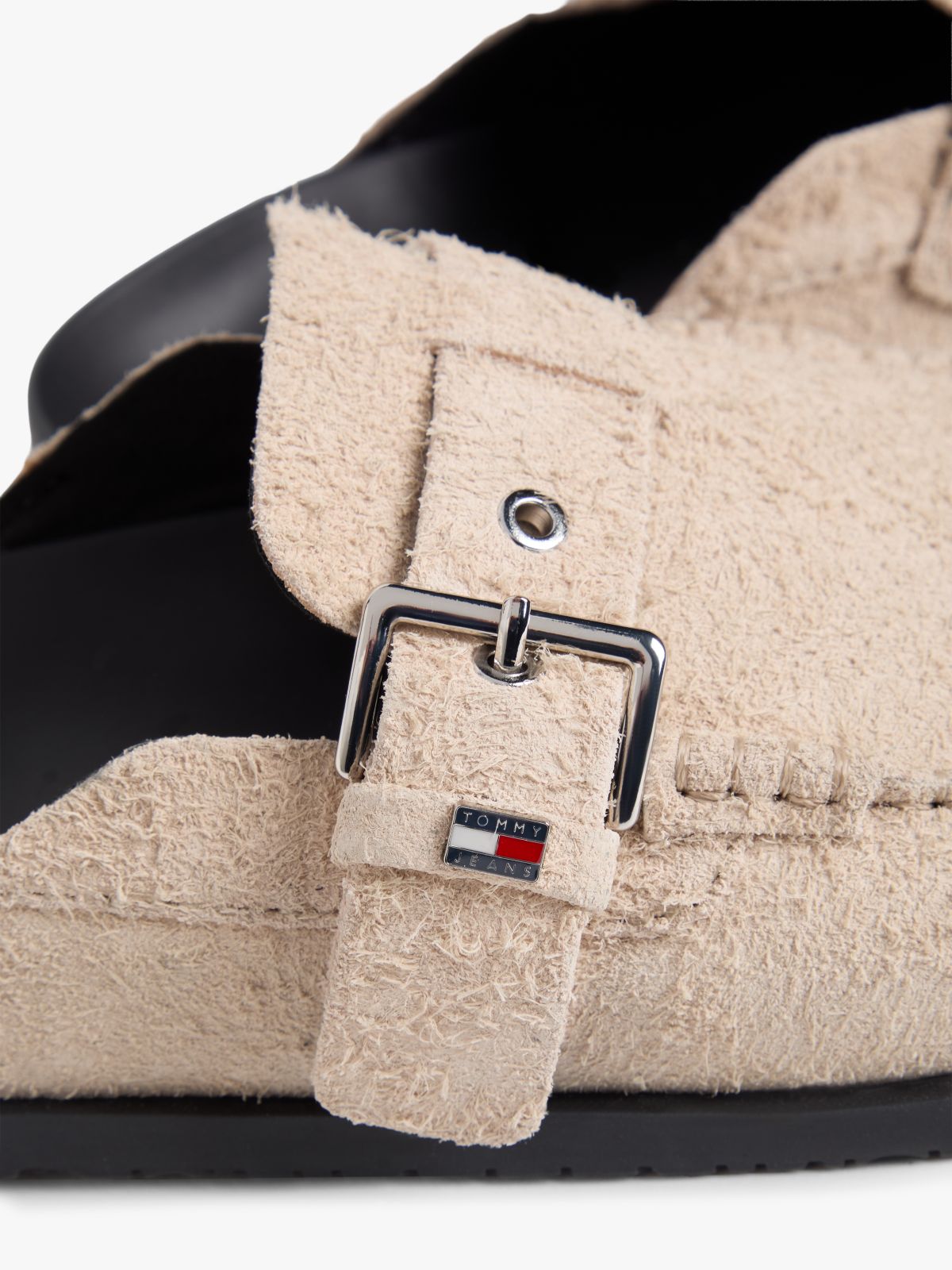 Textured Suede Buckle Mules — Beige