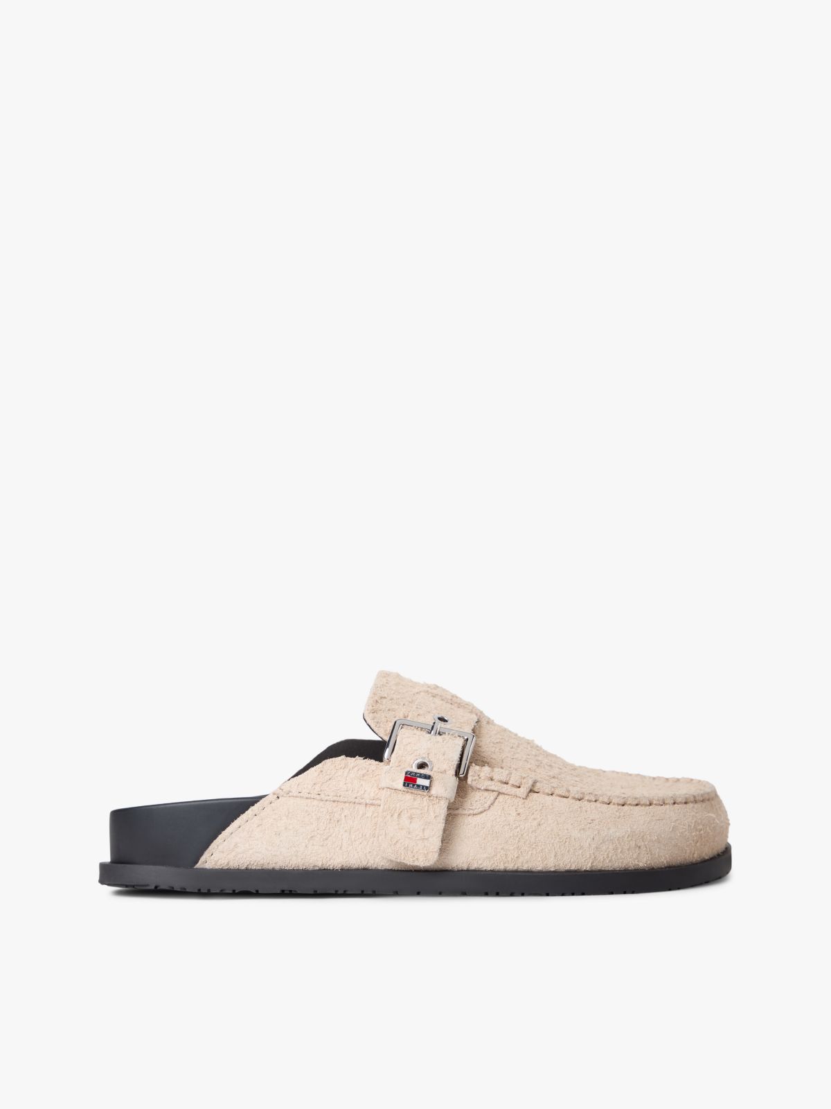 Textured Suede Buckle Mules — Beige