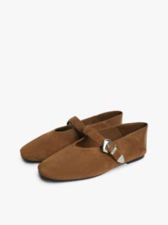 Suede Buckle Square Toe Ballerinas — Brown 2