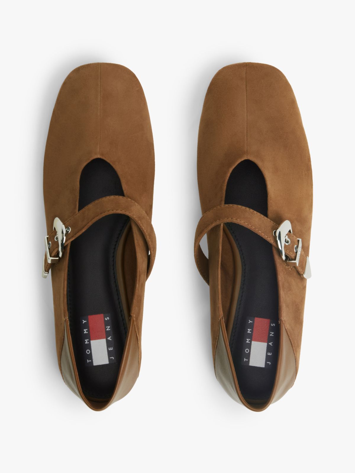 Suede Buckle Square Toe Ballerinas — Brown