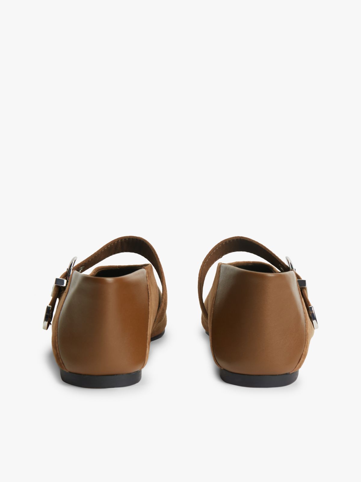 Suede Buckle Square Toe Ballerinas — Brown