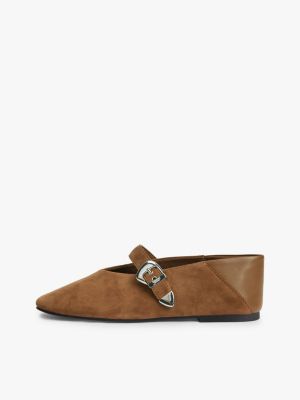 brown suede buckle square toe ballerinas for women tommy jeans