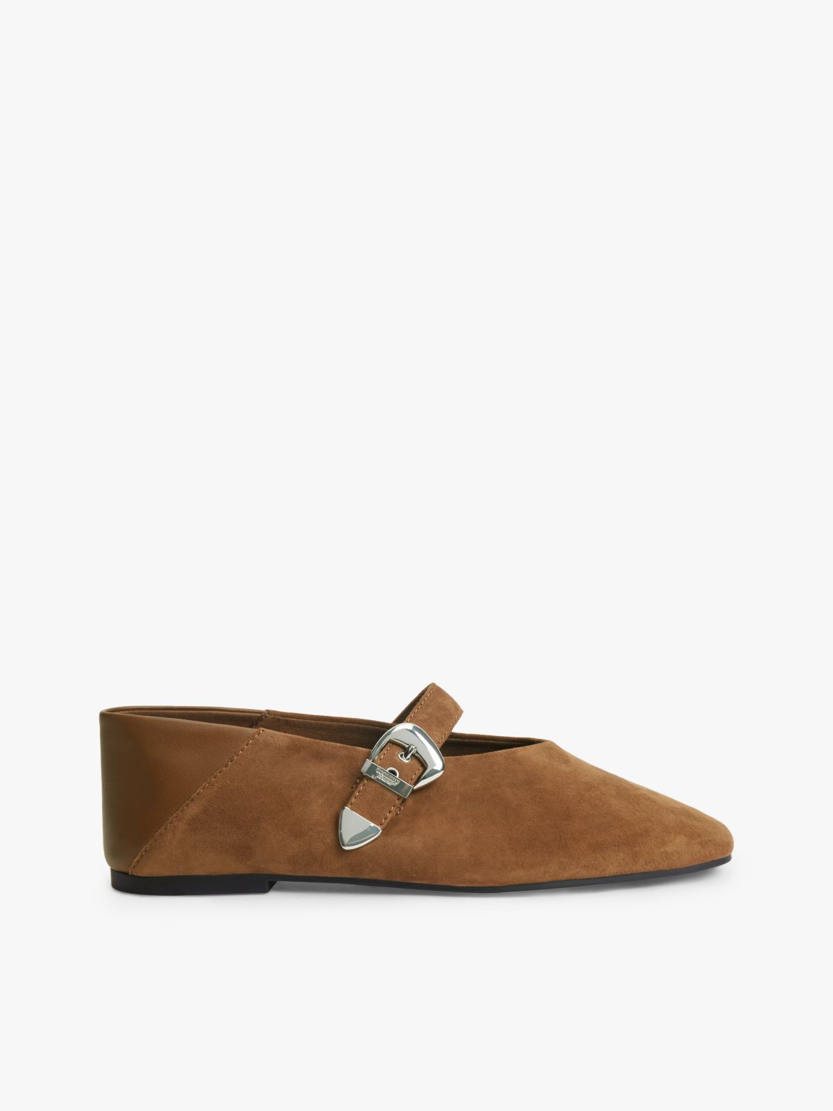 Suede Buckle Square Toe Ballerinas — Brown