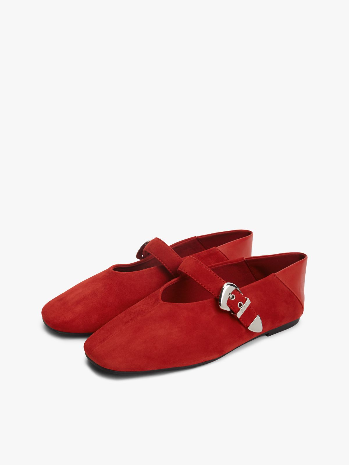 Suede Buckle Square Toe Ballerinas — Red