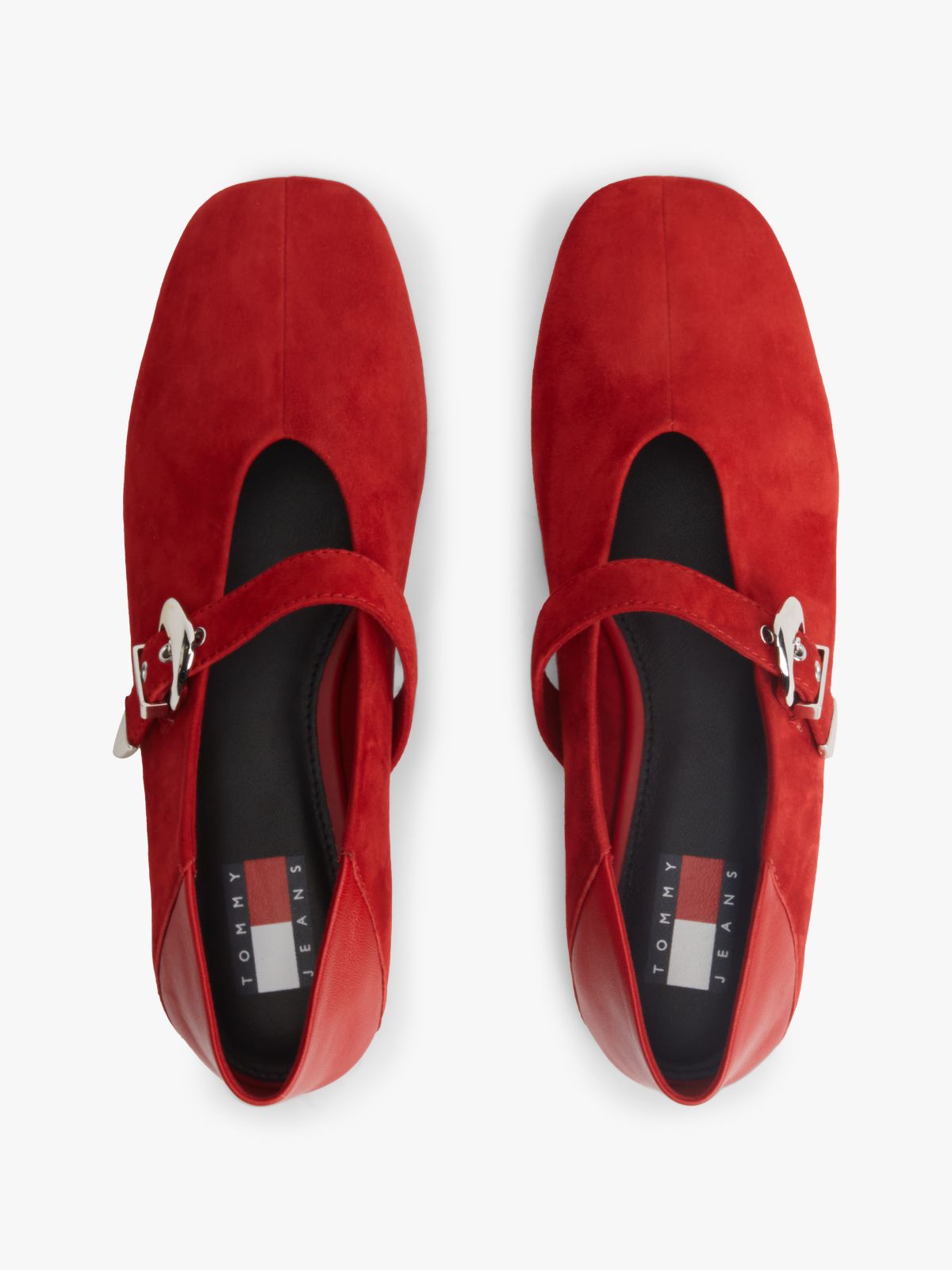 Suede Buckle Square Toe Ballerinas — Red