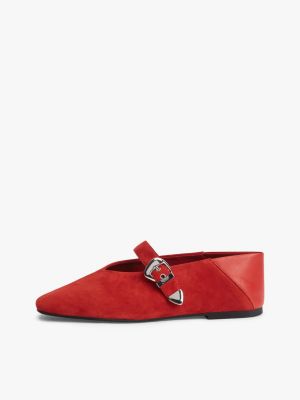 red suede buckle square toe ballerinas for women tommy jeans