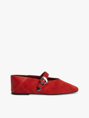 red suede buckle square toe ballerinas for women tommy jeans