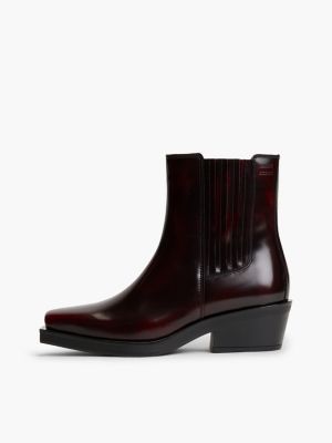 brown leather embossed logo western boots for women tommy jeans