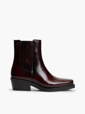 brown leather embossed logo western boots for women tommy jeans