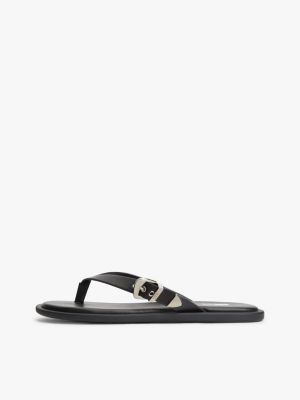 black leather buckle flip-flops for women tommy jeans