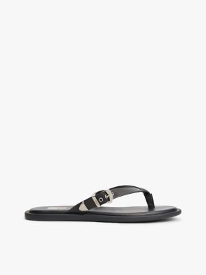 black leather buckle flip-flops for women tommy jeans