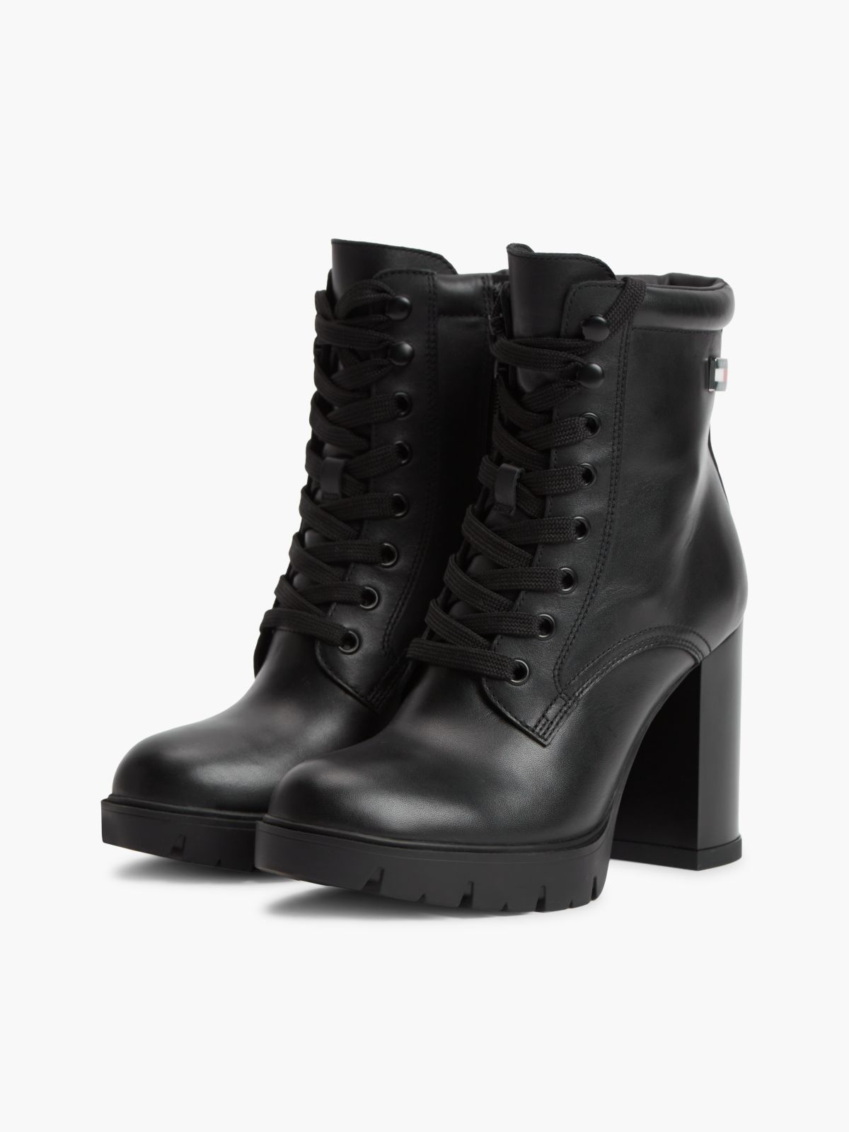 Leather High Block Heel Lace-Up Boots — Black