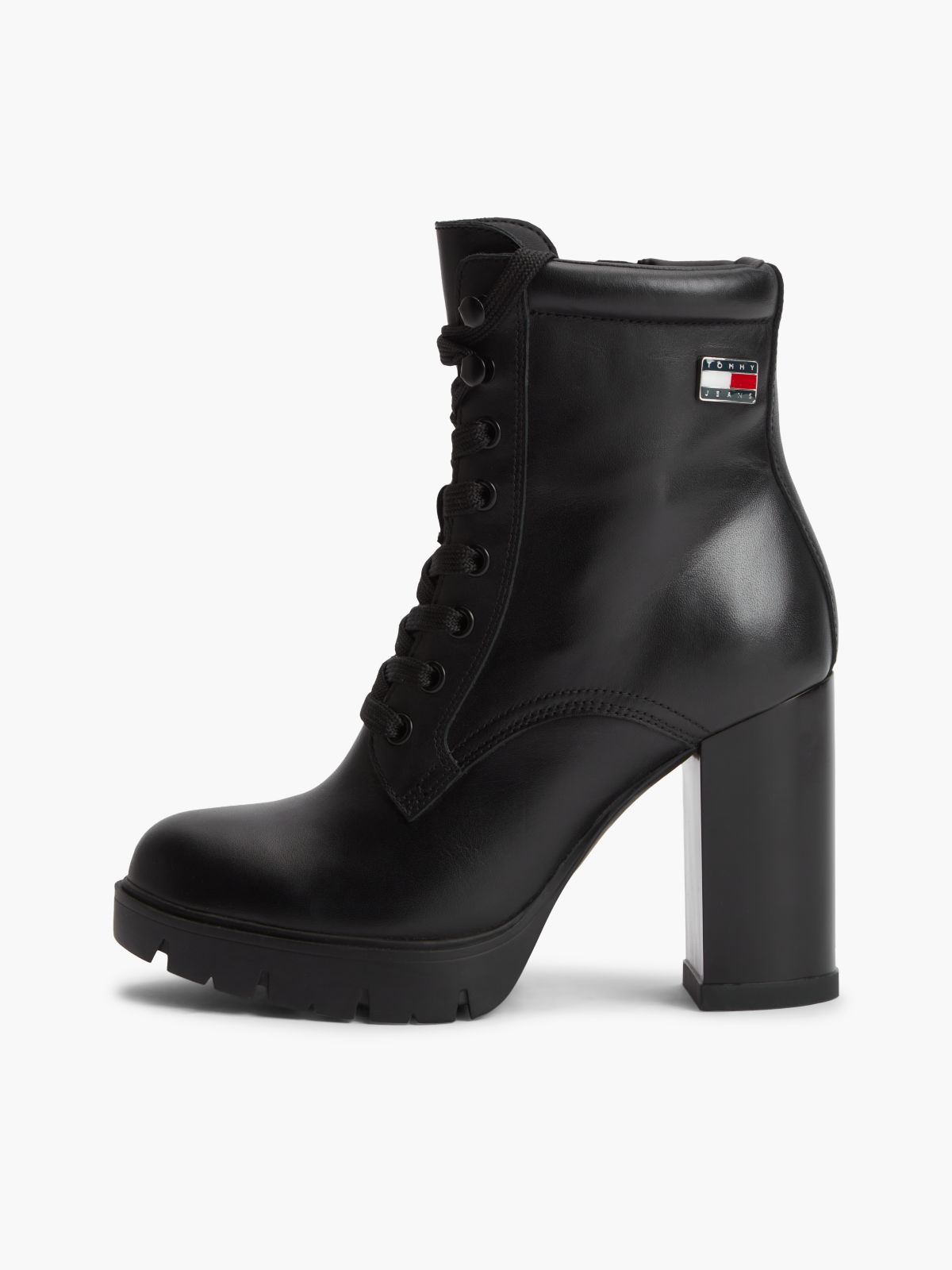 Leather High Block Heel Lace-Up Boots — Black