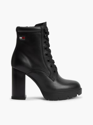 black schnürstiefel aus leder mit hohem blockabsatz für damen - tommy jeans