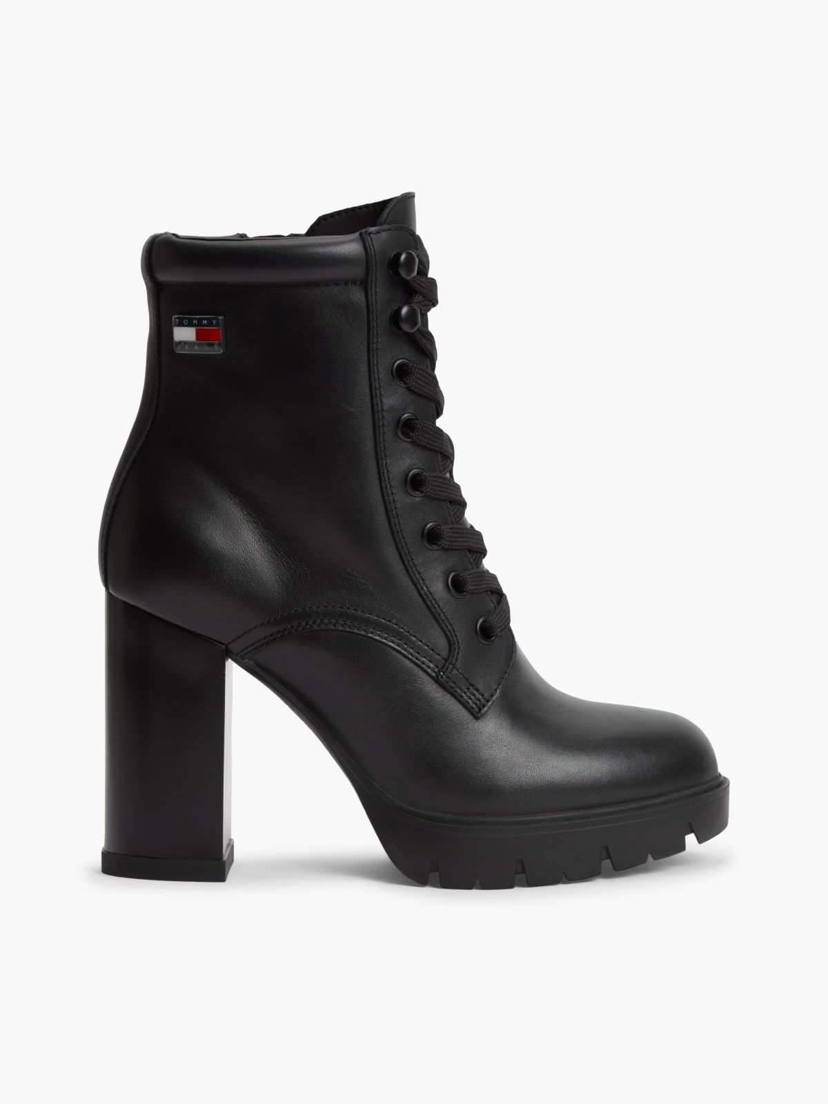 Leather High Block Heel Lace-Up Boots — Black