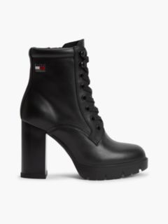 Leather High Block Heel Lace-Up Boots — Black 1