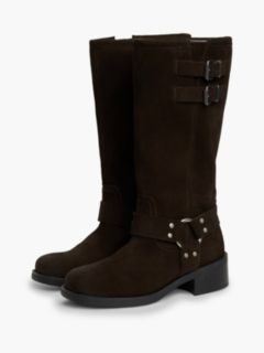 Brushed Suede Strap Buckle Biker Boots — Brown 2