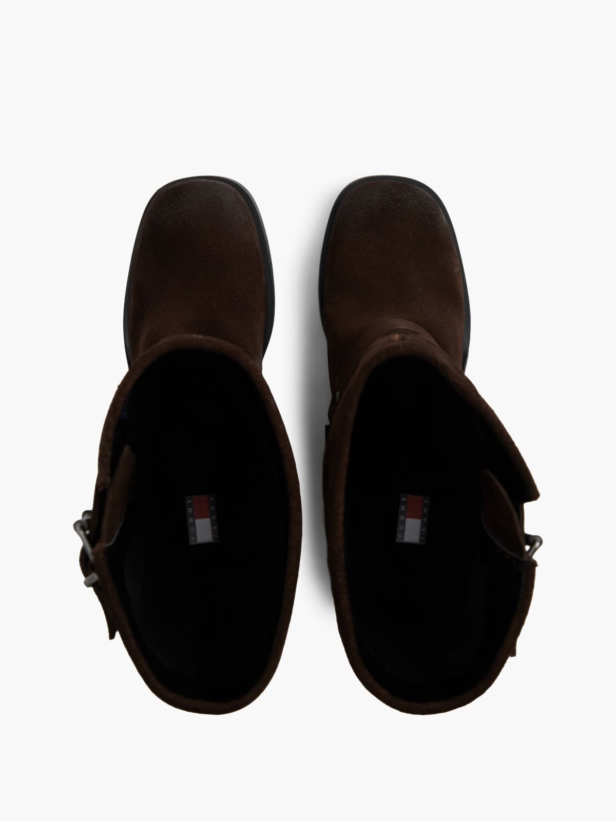 Brushed Suede Strap Buckle Biker Boots — Brown
