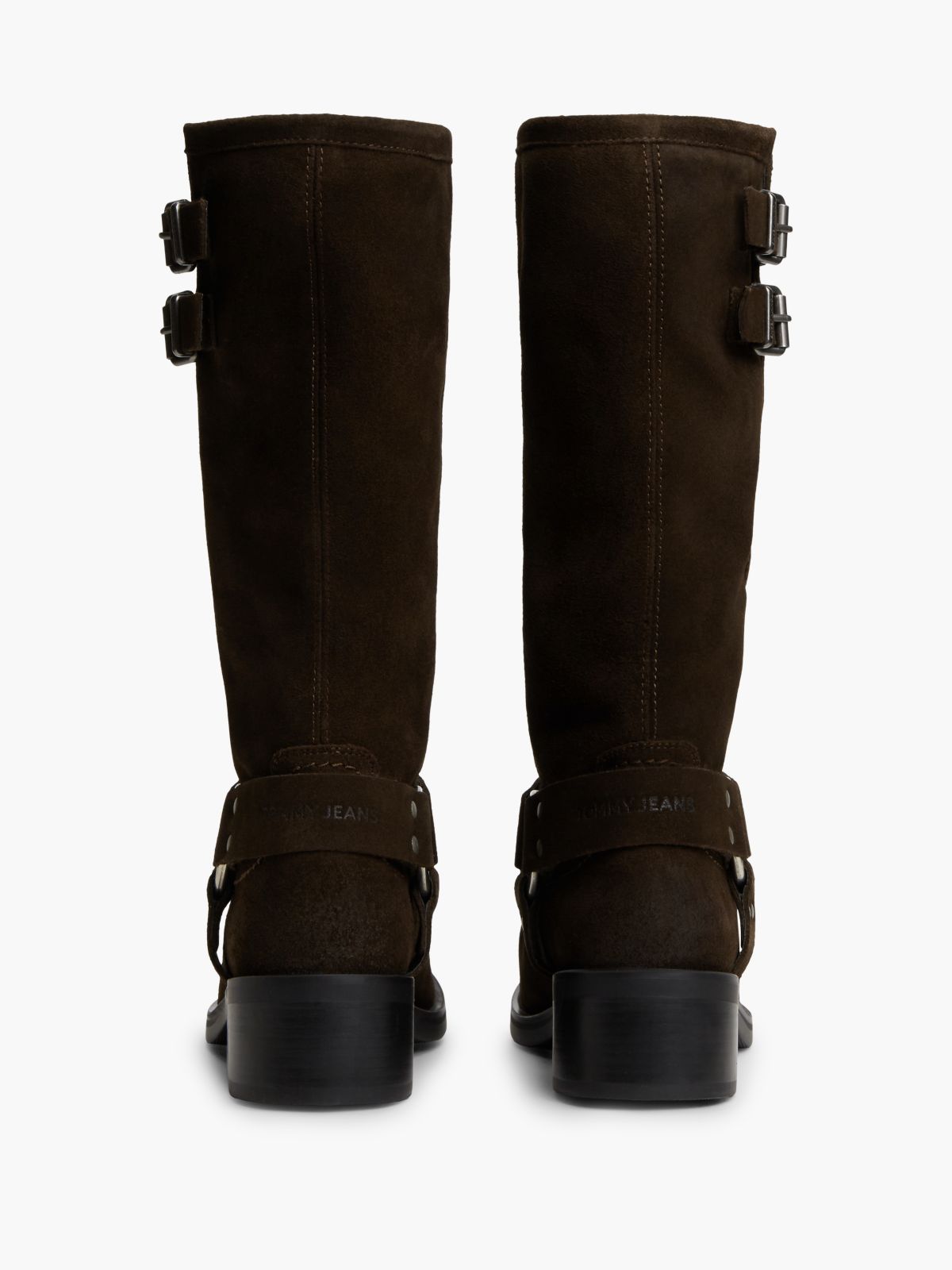 Brushed Suede Strap Buckle Biker Boots — Brown