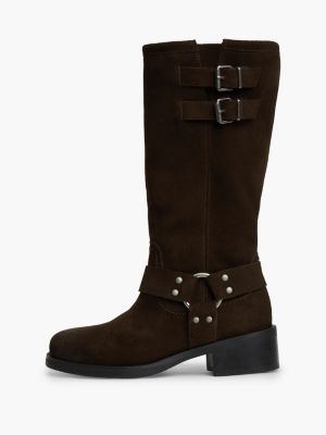 brown brushed suede strap buckle biker boots for women tommy jeans