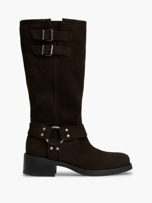 brown brushed suede strap buckle biker boots for women tommy jeans