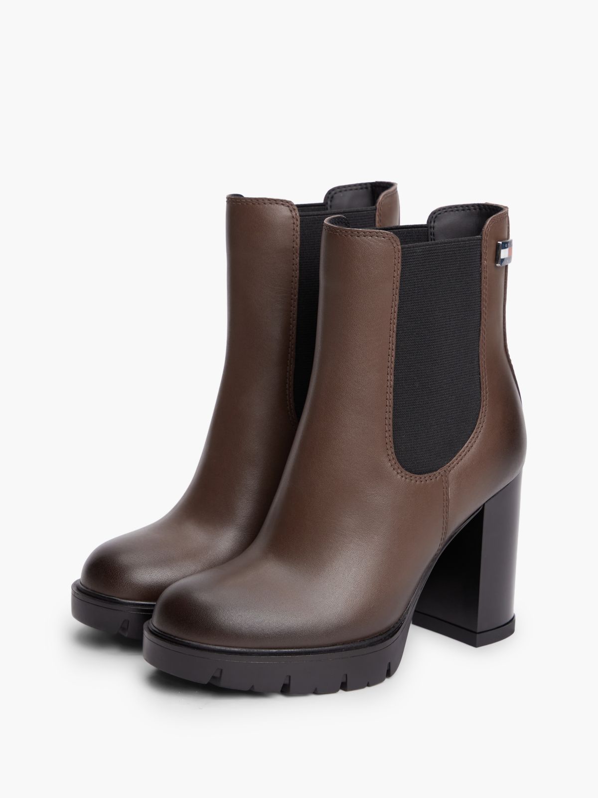 Leather High Block Heel Chelsea Boots — Brown