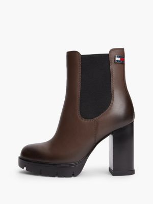 brown leather high block heel chelsea boots for women tommy jeans