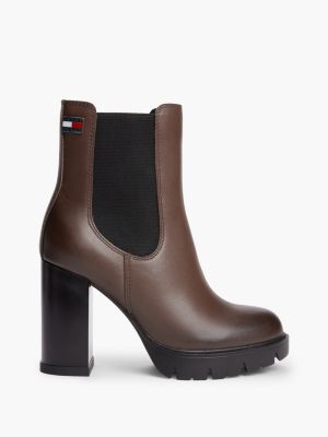 brown leather high block heel chelsea boots for women tommy jeans
