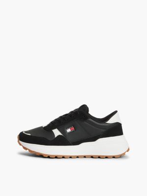 black retro logo leather cleat chunky trainers for women tommy jeans