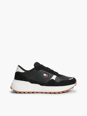 black retro logo leather cleat chunky trainers for women tommy jeans